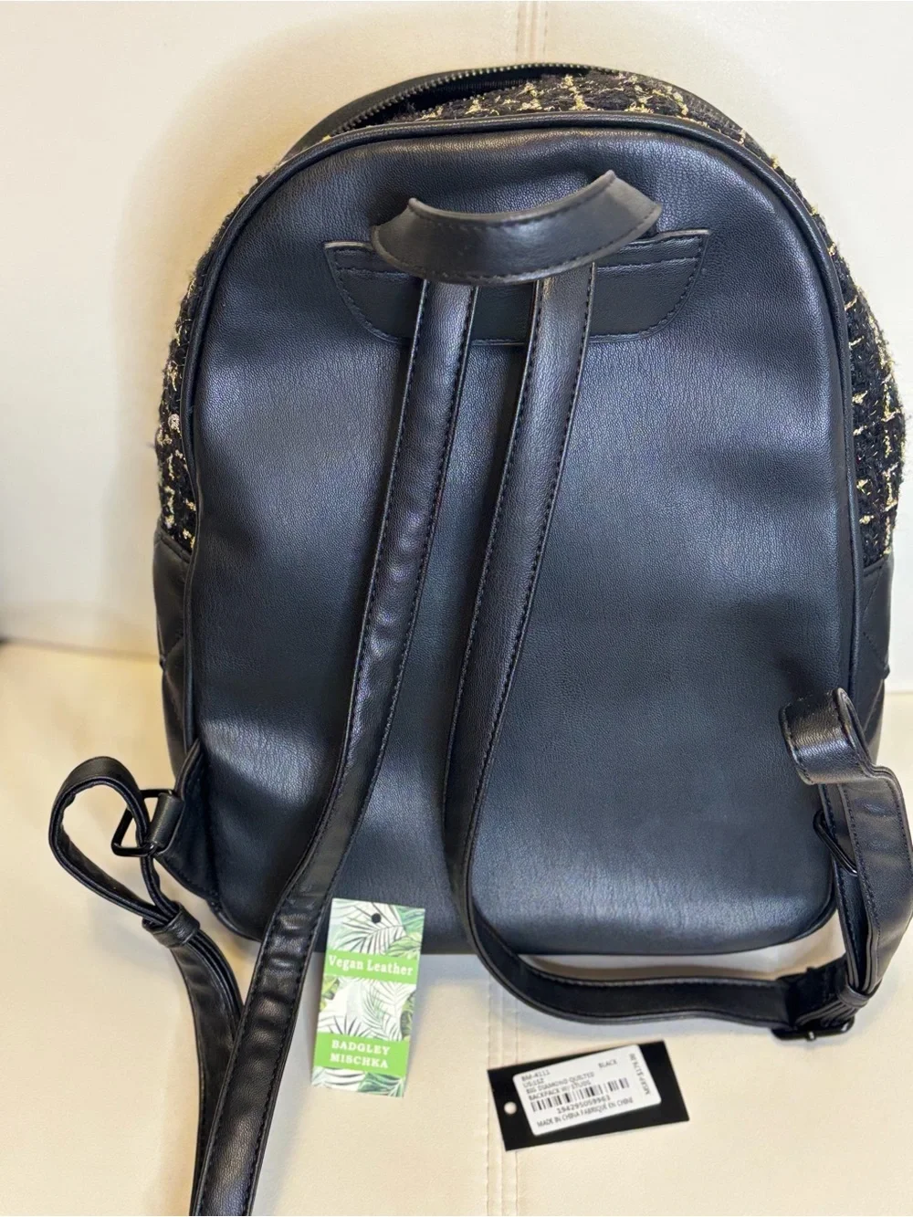 Badgley Mischka Black Quilted Vegan Leather & Tweed Mini Backpack